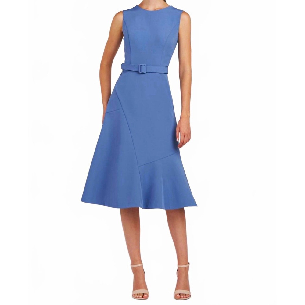 Kay Unger Janet Midi Dress 2 Mediterranean Blue Belted Fit Flare NWT $278 Preppy